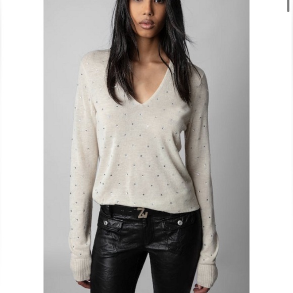NWT Zadig & Voltaire Elya Cashmere Strass Embellished Sweater in Ardoise Size L - Picture 1 of 16